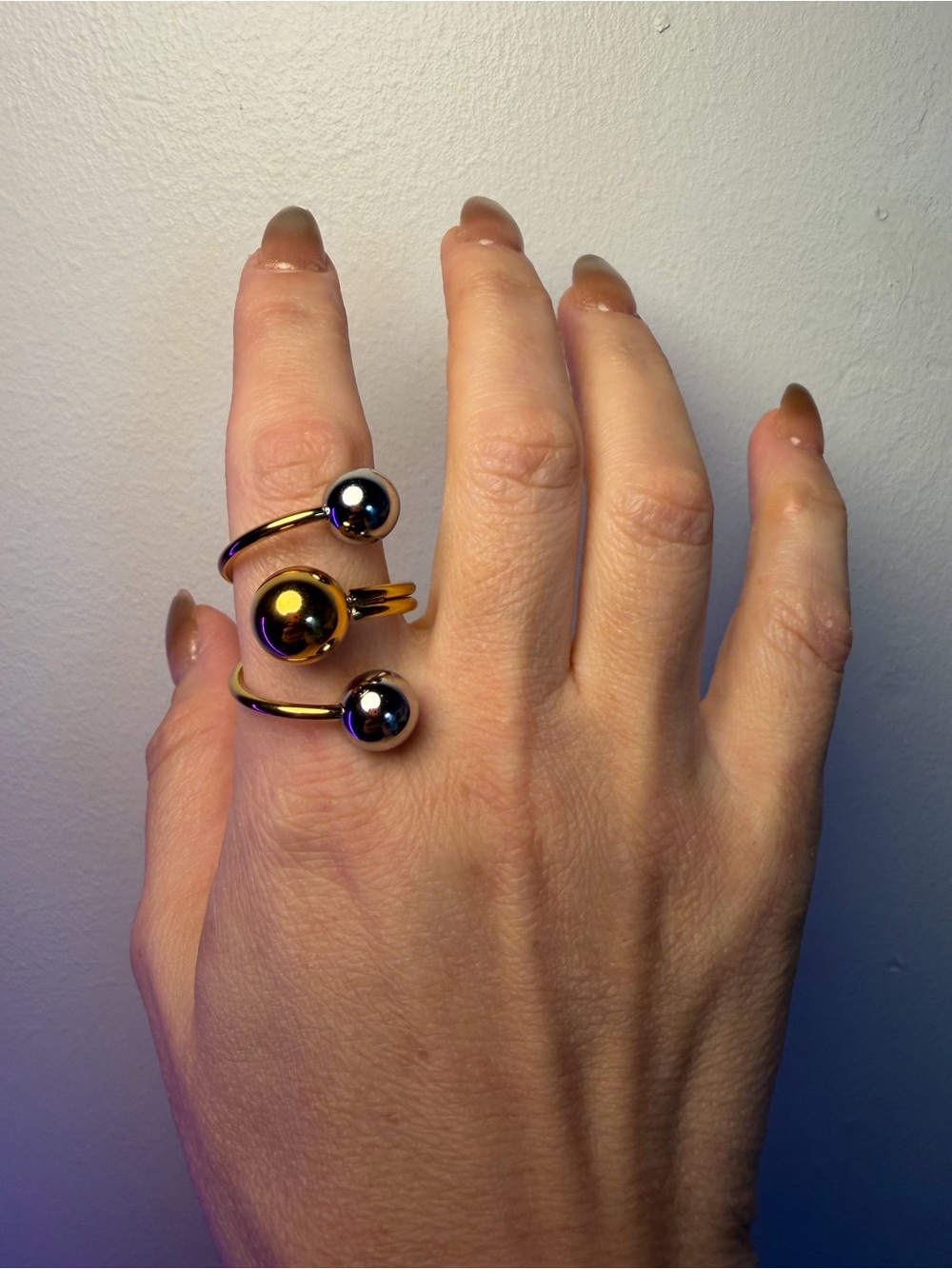 Gold Open Band Ring with Polished Orb Accents - Women Jewelry